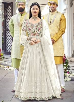White embroidered faux georgette salwar kameez 1