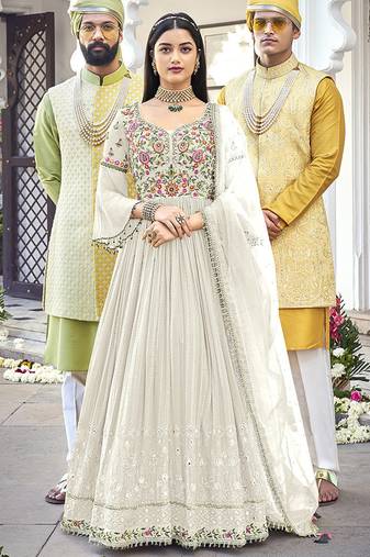 White embroidered faux georgette salwar kameez