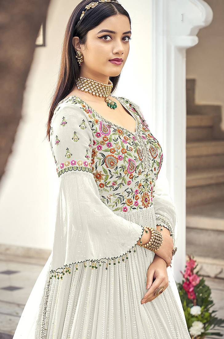 White embroidered faux georgette salwar kameez