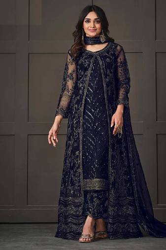Dark blue embroidered butterfly net ethnic suit