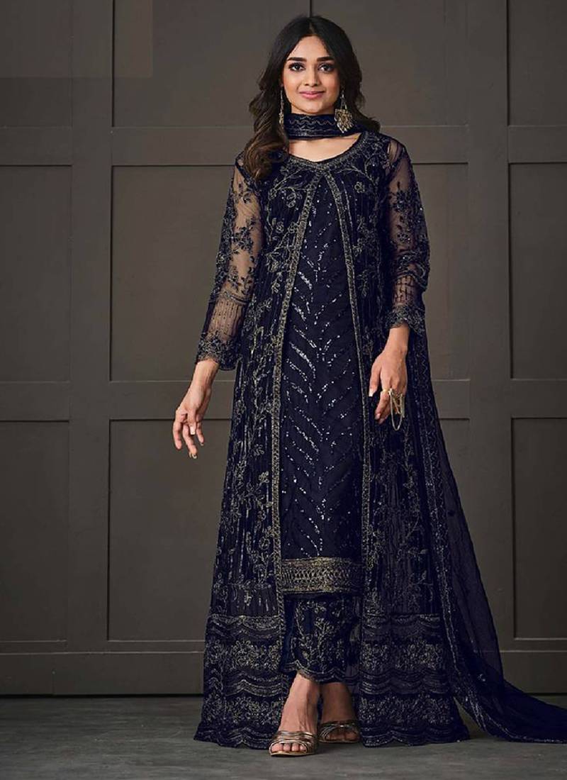 Dark blue embroidered butterfly net ethnic suit