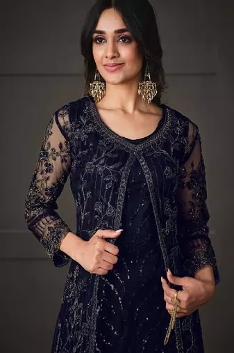Dark blue embroidered butterfly net ethnic suit