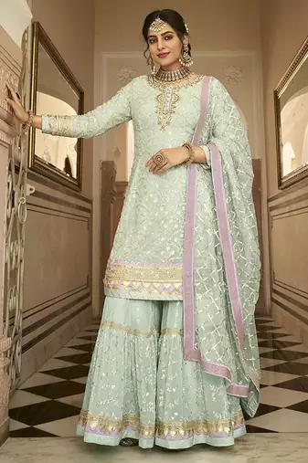 Sky blue color embroidered faux georgette palazzo kameez