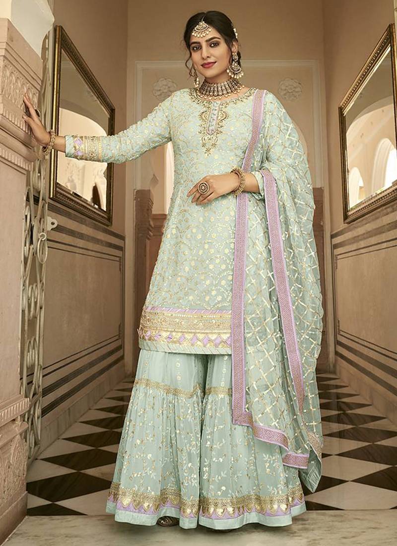 Sky blue color embroidered faux georgette palazzo kameez
