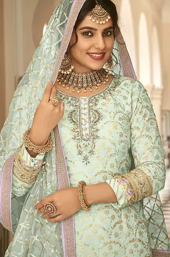 Sky blue color embroidered faux georgette palazzo kameez