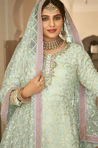 Sky blue color embroidered faux georgette palazzo kameez