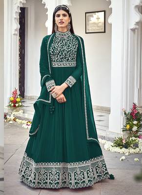 Dark green faux georgette embroidered full length anarkali suit 1