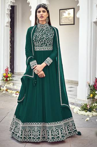 Dark green faux georgette embroidered full length anarkali suit