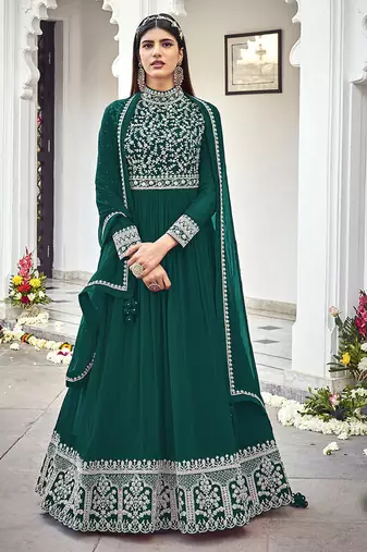 Dark green faux georgette embroidered full length anarkali suit