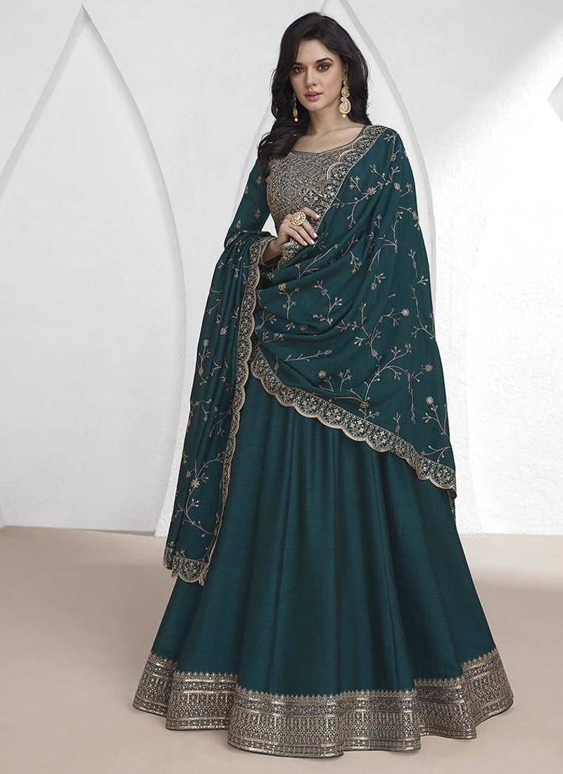 Vichitra silk teal embroidered designer anarkali suit