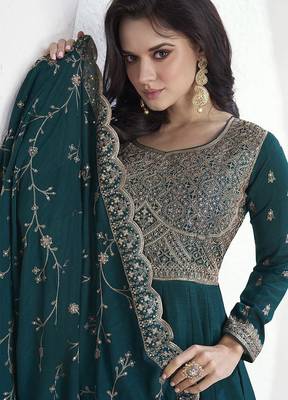 Vichitra silk teal embroidered designer anarkali suit 2