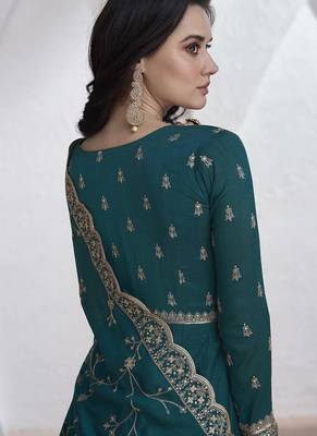 Vichitra silk teal embroidered designer anarkali suit 3