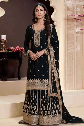 Black chinon embroidered designer sharara suit