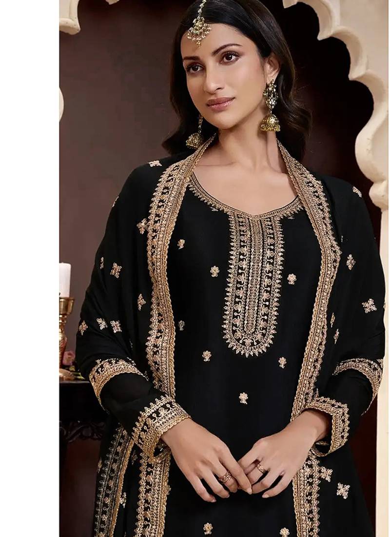 Black chinon embroidered designer sharara suit