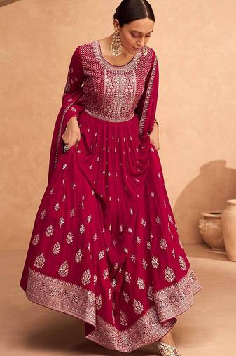 Magenta embroidered faux greogette floor length anarakali suit