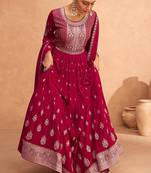 Magenta embroidered faux greogette floor length anarakali suit