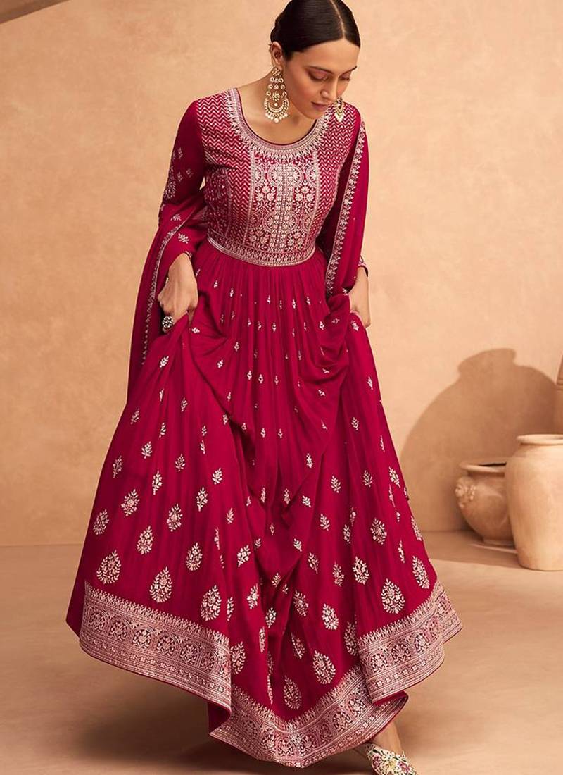 Magenta embroidered faux greogette floor length anarakali suit