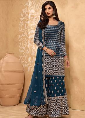 Dark teal embroidered faux georgette salwar kameez 1