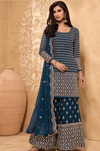 Dark teal embroidered faux georgette salwar kameez