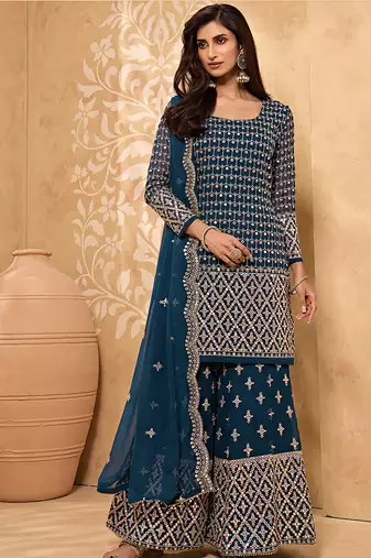 Dark teal embroidered faux georgette salwar kameez