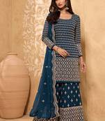 Dark teal embroidered faux georgette salwar kameez