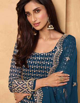 Dark teal embroidered faux georgette salwar kameez 2