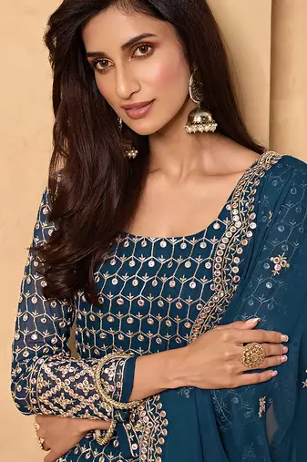 Dark teal embroidered faux georgette salwar kameez