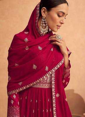 Magenta embroidered faux greogette floor length anarakali suit 2