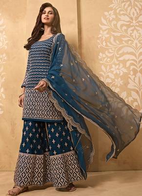 Dark teal embroidered faux georgette salwar kameez 3