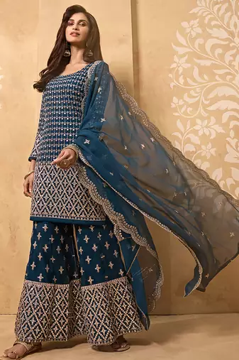 Dark teal embroidered faux georgette salwar kameez
