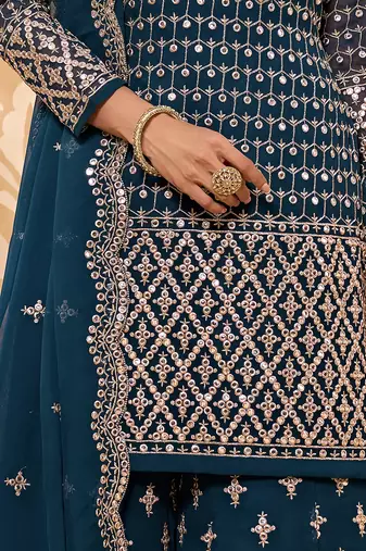 Dark teal embroidered faux georgette salwar kameez