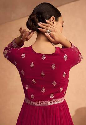 Magenta embroidered faux greogette floor length anarakali suit 3