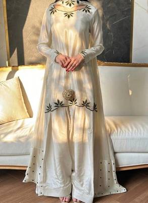 White Embroidery And Moti work Silk Blend Salwar Suit 1