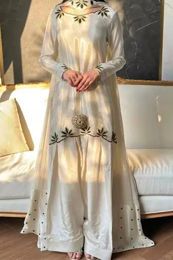 White Embroidery And Moti work Silk Blend Salwar Suit