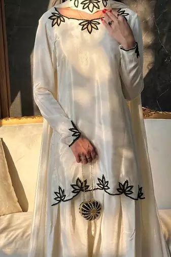 White Embroidery And Moti work Silk Blend Salwar Suit