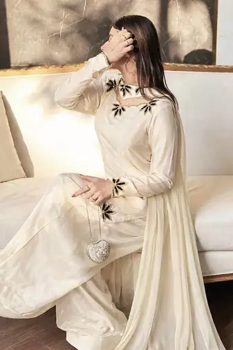 White Embroidery And Moti work Silk Blend Salwar Suit