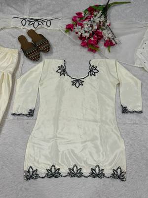 White Embroidery And Moti work Silk Blend Salwar Suit 4