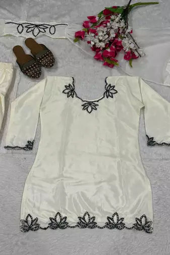 White Embroidery And Moti work Silk Blend Salwar Suit