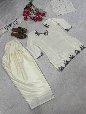 White Embroidery And Moti work Silk Blend Salwar Suit 5