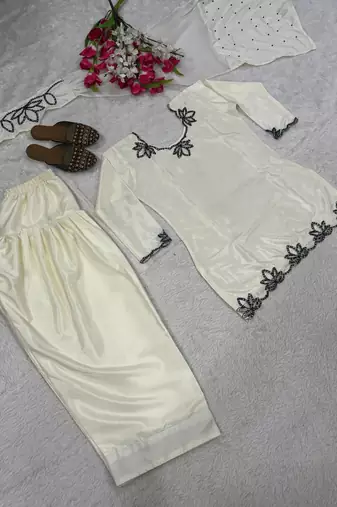 White Embroidery And Moti work Silk Blend Salwar Suit