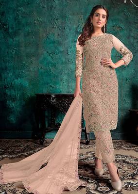 Beige embroidered net pant style salwar suit 1