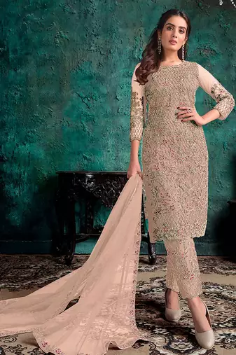 Beige embroidered net pant style salwar suit