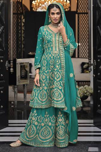Faux georgette embroidered palazzo kameez in turquoise
