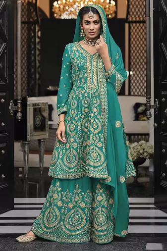 Faux georgette embroidered palazzo kameez in turquoise