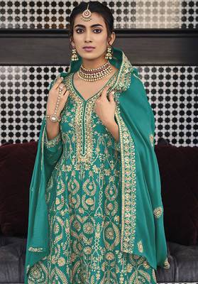 Faux georgette embroidered palazzo kameez in turquoise 2