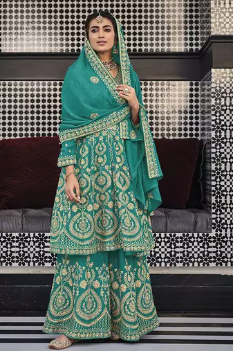 Faux georgette embroidered palazzo kameez in turquoise
