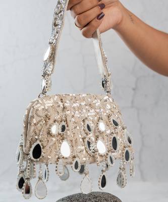 Silver embroidered silk clutch 1