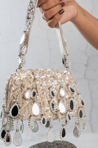 Silver embroidered silk clutch