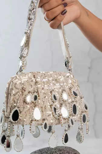 Silver embroidered silk clutch