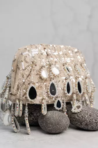 Silver embroidered silk clutch